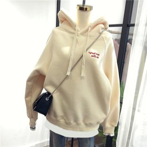 Winter Casual Women Hoodie Embroidery Letter Harajuku Sweatshirt Long Sleeves Loose Plus Velvet Female Fake Two Pieces Pullover
