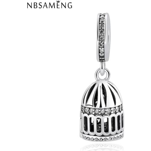 100% 925 Sterling Silver Bead Charm Birdcage Free as a Bird Pendants Beads Clear CZ Fit Original Bracelets DIY Jewelry