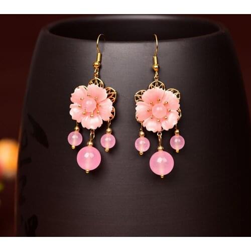 20MM Pink Coloured Glaze Synthetic Flower Earrings Smooth Translucent Color Yu Beads Pendant Earrings Female Fashion Jewelry