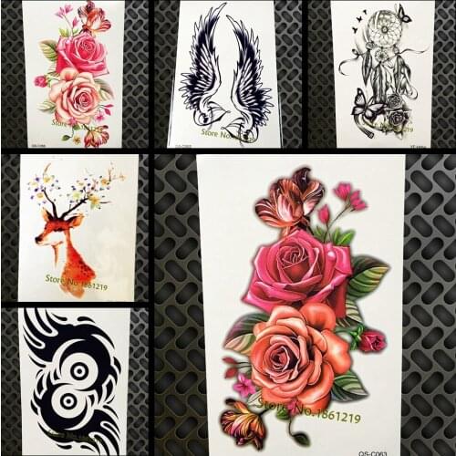 3D Sexy Flower Henna Temporary Tattoo Stickers Women Body Art Tattoo Arm Sleeve, Waterproof Tree Peony Tatoo Flash Decal Paste