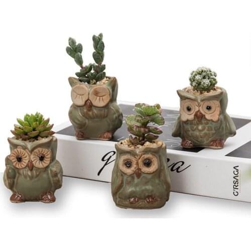 4pcs/set Succulent Plant Flower Pot Owl Flower Pot Mini Household Plants Holder Home Office Desktop Deco Ceramic Pot Random