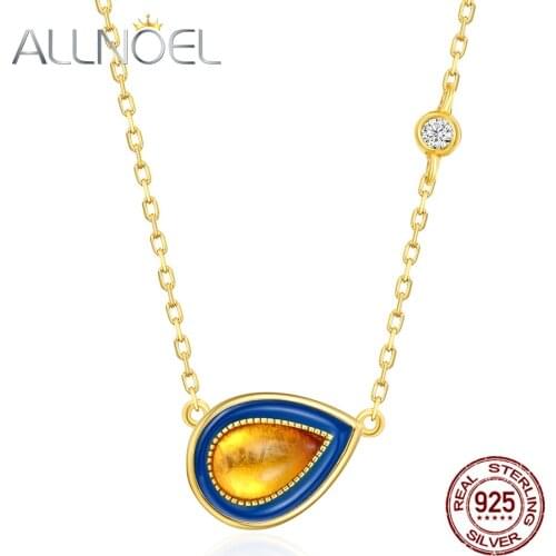 ALLNOEL Silver 925 Jewelry Wedding Necklace 100% Natural Amber Blue Enamel New Arrival Wholesale Valentines Day Gift Necklaces
