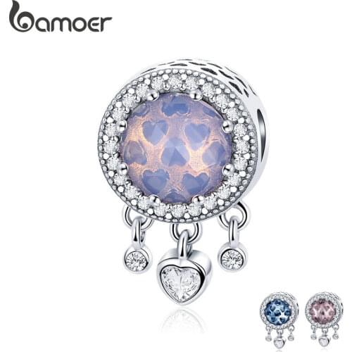 BAMOER 3 Color Authentic 925 Sterling Silver Heart Radiant Crystal Dangle Heart Charms Fit Charm Bracelets Silver Jewelry SCC999