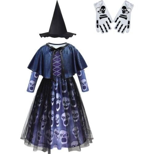 Skeleton Skull Printed Dress for Kids Fashion long Sleeves Dress+shawl Children Halloween Cosplay Costume Girls Party Dress