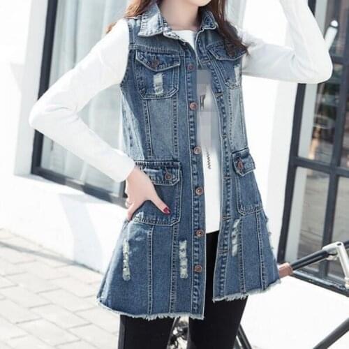 New Arrival 2020 Sprint Solid Hole Jeans Jackets For Women Colete Feminino Single Breasted Female Waistcoat Pockets Plus Size