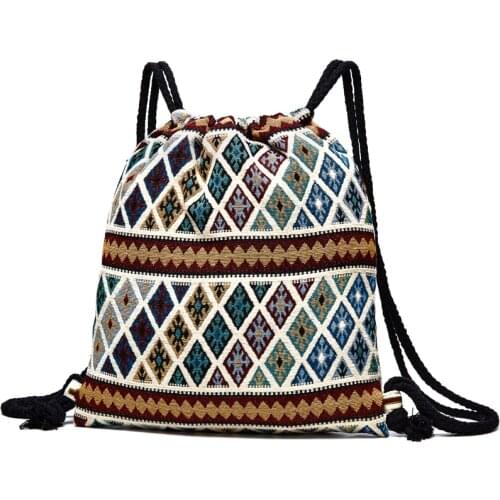 Annmouler Canvas Shoulder Bag Vintage Backpack for Women Bohemian Style Hobo Bag Travel Storage Organizer Drawstring Backpack