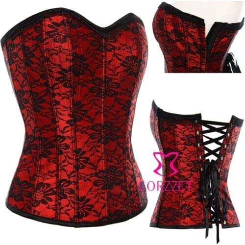 New 2014 Steel Boned Red Satin Lace Floral Corsets And Busttiers Woman Corselets Slimming Corset Top Intimates Lingerie S-2XL