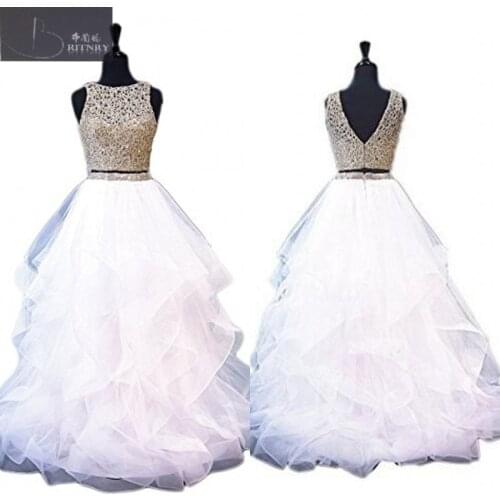 2016 Hot Sales Two Piece Wedding Dresses Halter Neck Champagne Lace Top White Organza Tiered Skirt Bridal Gowns