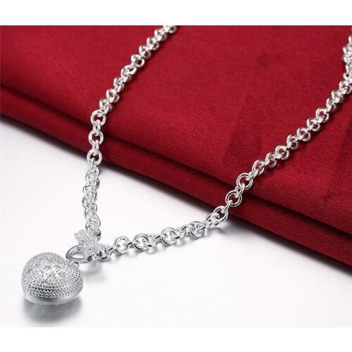 Hot sale 925 Sterling Silver Necklace Jewelry charm chains 18 inches Shiny Crystal Heart Key necklace for women Christmas gift