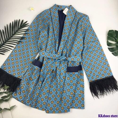2020 Blue Printed Kimono Jacket With Feather Sleeves Wide Leg Loose Cuasal Trousers Women Vintage Clothing Suits
