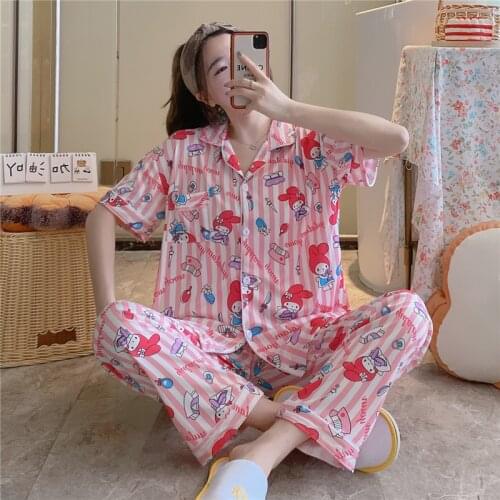Sanrio hello kitty spring and autumn shirt short-sleeved trousers pajamas My Melody women summer home clothing sleepwear