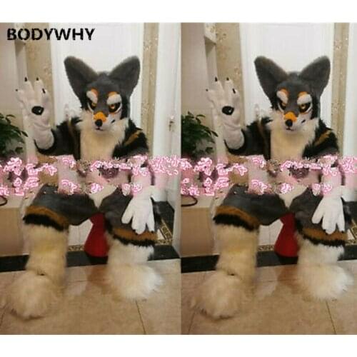 Grey Long Fur Husky Dog Fox Fursuit Mascot Costume Animal Halloween Cosplay Fancy Dress US cartoon mascot costumes