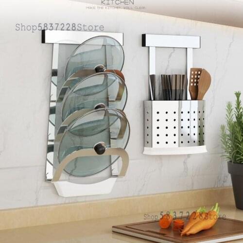 Punch-free pot lid rack wall-mounted 304 stainless steel pot lid drain shelf household kitchen storage rack