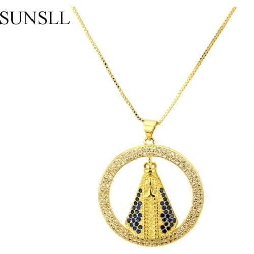 SUNSLL Gold Color Copper Blue White Cubic Zirconia Round Pendant Necklaces Womens Fashion Jewelry CZ Colar Feminina