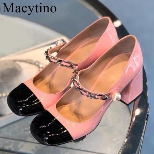 Luxury Pink Chunky High Heels Women Shoes Round Toe Sweet Chain Strap Party Shoes Woman Patchwork Dress Heels Women Pumps