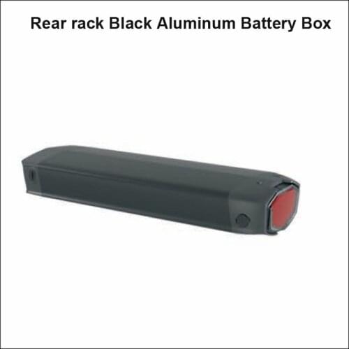 Electric bike rear rack black aluminum box 18650 battery storage box for bicycle of 48V or 36V with free cell holder