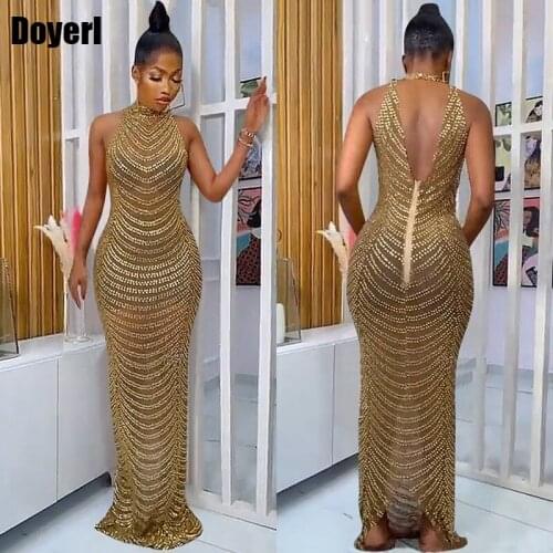 Rhinestone Bodycon Maxi Dresses for Women 2021 Elegant Wedding Party Backless See Through Mesh Sexy Birthday Dress Robe Longue