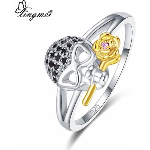 Lingmei Unique New Arrival Rose-flower Women Round Cut Pink & Red Zircon Silver Color & Yellow Goldplated Skull Ring Size 6-9