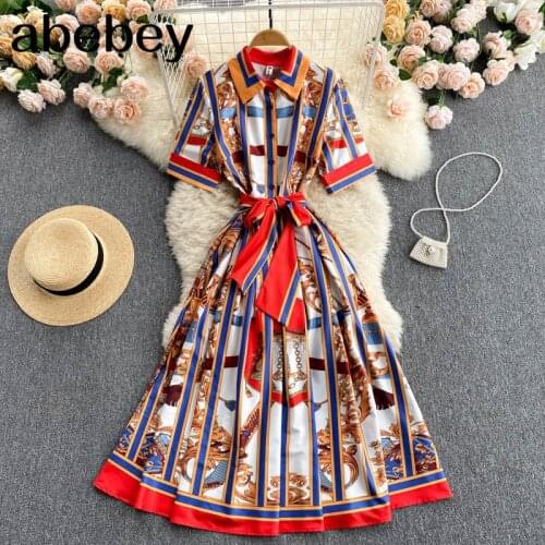 Women Retro Print Maxi Dress Autumn Sweet Turn Down Collar Short Sleeve A-line Dresses Korean Boho Print Vacation Midi Dress