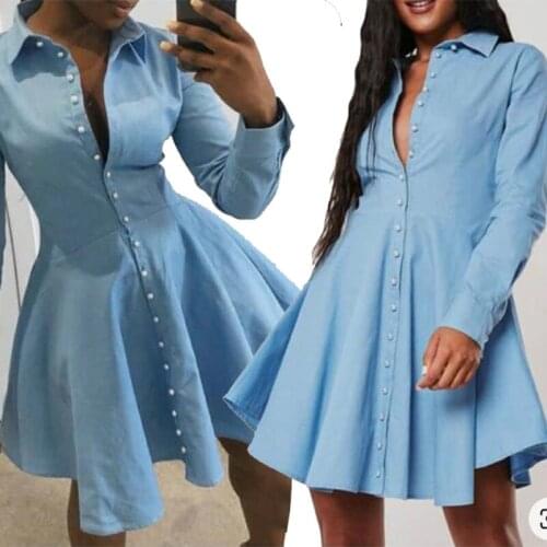 Summer Women Dress Sexy Button V-neck Mini Shirt Beach Dresses Long Sleeve Mini Ruffle Blue Elegant Holiday Party Dress