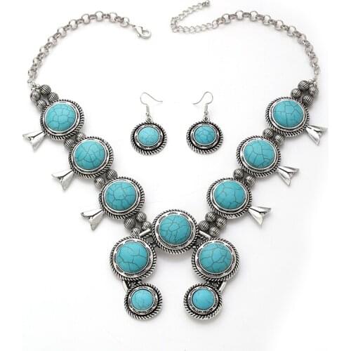 Bohemia turq nature Necklace earring set jewelry Women Antique Silver big pendant Necklace jewelry western Africa boho wholesale