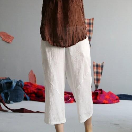 Women Summer Patchwork Solid Color Elastic Waist Pants Ladies Vintage Cotton Linen Pants Female Vintage Trousers 2020