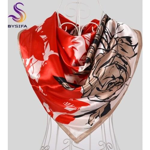 [BYSIFA] Fall Winter Coffee Red Muslim Head Scarf Hijabs Women Elegant Rose Design Satin Square Scarves Brand Silk Neck Scarf