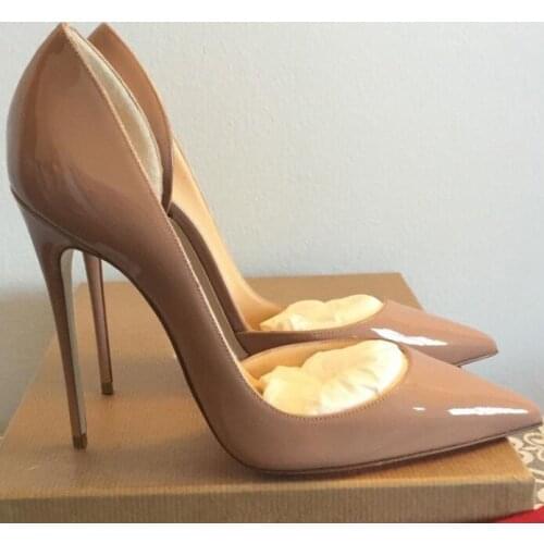 Carpaton Sexy Nude Patent Leather High Heel Shoes Woman Cutouts Thin Heels Pumps Pointed Toe Office Lady Shoes Dress Heels