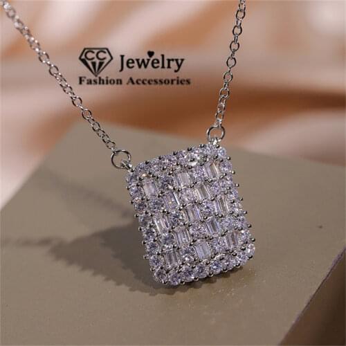 CC Fine Jewelry Necklace for Women Rectangle Shape 925 Silver Engagement Wedding Accessories Pendant Necklaces Gift CCN728