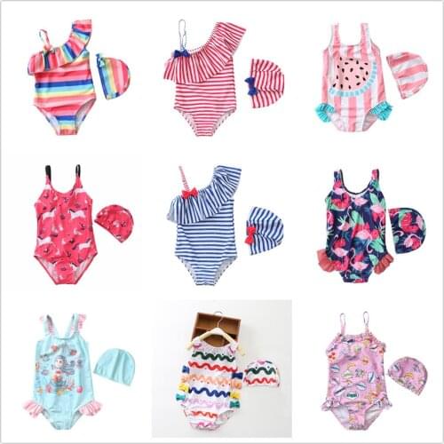 2~8Y Baby Girls Swimwear New 2019 Girls swimsuit one piece Children Swimwear with Cap Strips Kids Unicorn Beach wear-SW340mix