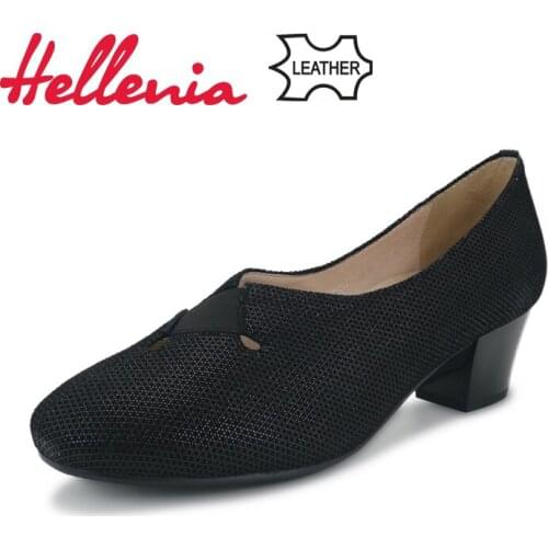 Hellenia Genuine Leather women Pumps natural suede leather Fashion Dress shoe Super Soft ladies shoes brand designer Black&Navy