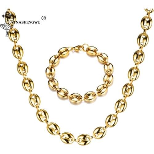 HIP Hop Width 11MM Stainless Steel Gold Color Coffee Beans Link Chain Necklace Bracelets Chain 316L Stainless For Men Jewelry
