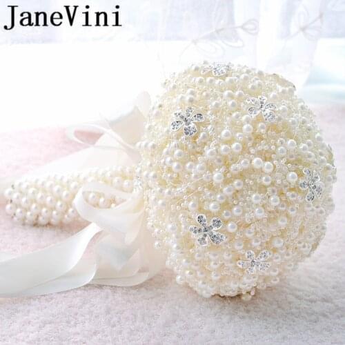 JaneVini Luxurious Beaded Bridal Bouquet Purple Pearl Ivory Rose Rhinestone Wedding Bouquet Accessories Bride Holding Flowers