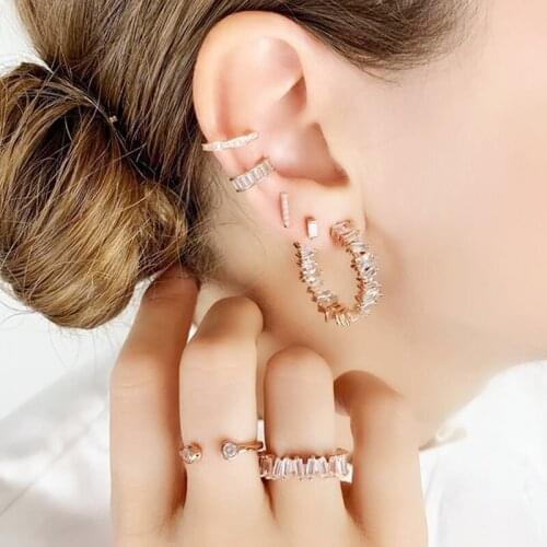 Fashion Baguette Cubic Zircon Hoop Piercing Earring Luxury Sparking Bling Gold Color Romantic Modern European Women Jewelry Boho