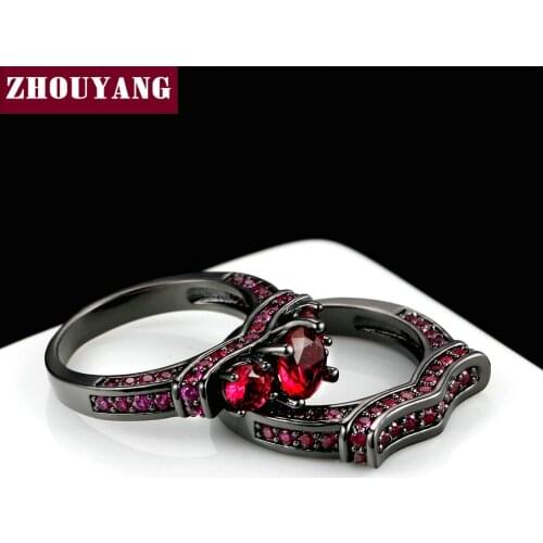 ZHOUYANG Rose Red Crystal Special Ring Set For Women Black Gold Color Cocktail Party Rings Top Quality Fashion Jewelry Gift R620