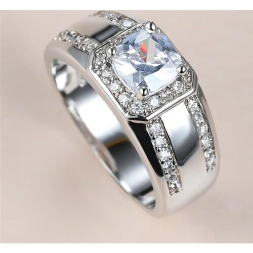 Charm Luxury Male Female White Crystal Ring Silver Color Wedding Ring Dainty Square Zircon Stone Engagement Rings For Women Men