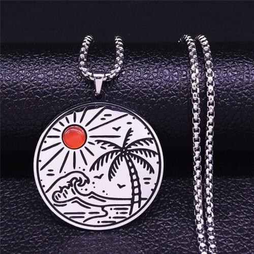 Sunny Beach Coconut Tree Opal Stainless Steel Necklace Silver Color Round Necklace Chain Vacation Jewelry bijoux femme NXS04