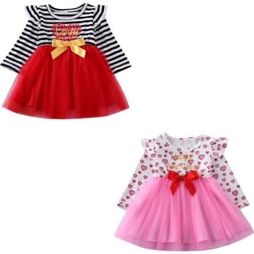 Girl Valentines Day Dress Baby Flower Letter Print Kids Party Long Sleeve Tutu Tulle Wedding Dresses Princess 2020