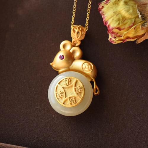 Natural Hetian white jade mouse Yuanbao Pendant Necklace Chinese style unique ancient gold craft light luxury silver jewelry