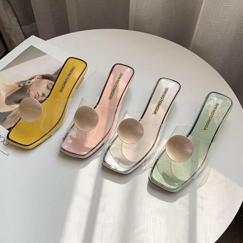 Fashion Transparent PVC Women Slippers Sexy Square Toe Shoes for Women Designer Slides Temperament 2021 Summer High Heels Shoes