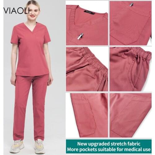 Unisex Pet Grooming Uniforms V-neck Operating Room Nurse Workwear Stretch Fabric Nursing Scrubs Set Dental Clinic Doctor Uniform