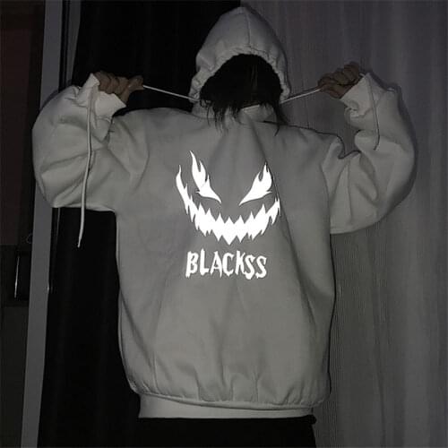VERSMA Japanese Streetwear 3M Reflective Print Men Hooded Sweatshirts Hip Hop Oversized Rapper Halloween White Hoodie Men Women
