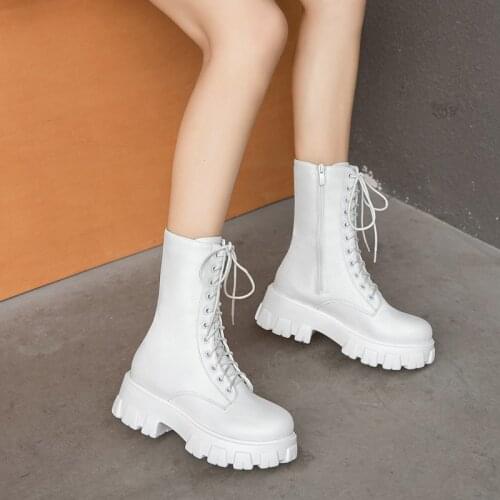 2021 Women Motorcycle Boots Wedges Flat Shoes Woman High Heel Platform PU Leather Boots Lace Up Women Shoes Black Boots Girls