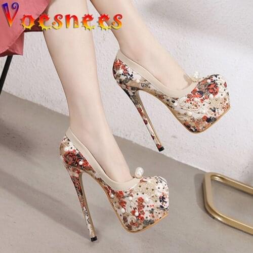 Women Pumps Sequin Cloth Lace Vamp Flower Women Shoes 2021 Fashion Temperament Banquet High Heels Elegant Pearl Wedding Shoes