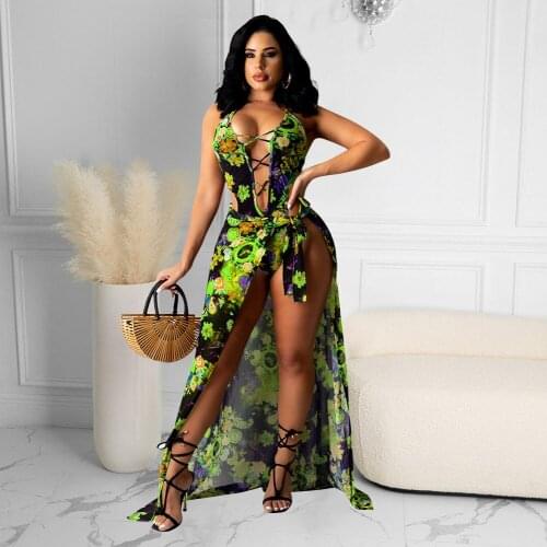 2021 New Arrival Fashion Design 2 pcs Women Set Print Halter Bandage Strapless Bodysuits Maxi Dress Summer Beach Outfits