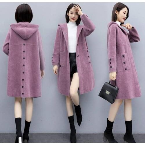 Women 2020 Autumn Winter Loose Casual Hooded Imitation Mink Cashmere Knit Long Cardigan Sweater Female Thicken Warm Sweater G548