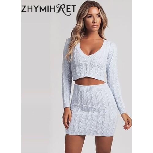 ZHYMIHRET 2019 Autumn Pullover And Skirt Two Piece Set Sweater Dress Women Long Sleeve 2 Piece Set V Neck Knitted Matching Sets