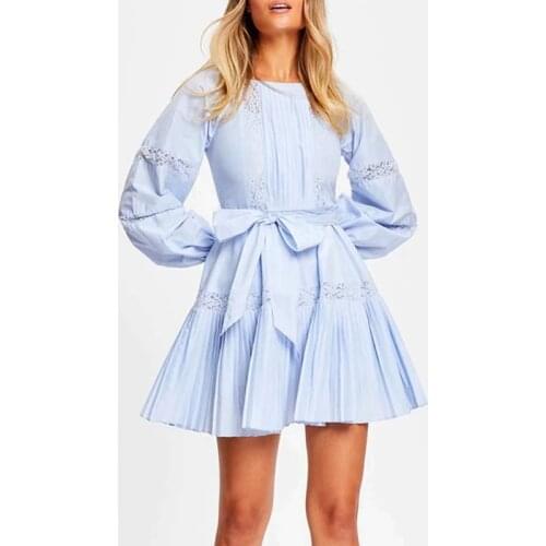 2021 Summer NEW Mini Dress Women Blue Pink White Lantern Sleeve Belt Lace Patchwork Hem Pleated Dresses