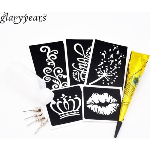 5 Piece Small Henna Stencil + 1 Piece Black Henna Paste + 1 Piece Bottle + 4 Piece Stainless Tattoo Stencil Body Paint Tool Kits