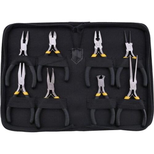 8PCs Mini Pliers Set, Long Nose with Teeth, Flat Jaw, Round Curve Needle Diagonal Nose Wire End Cutting Cutter Linesman Plier wi